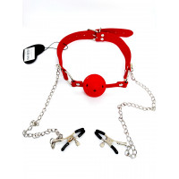 Кляп DS Fetish Ball gag with nipple clamps red