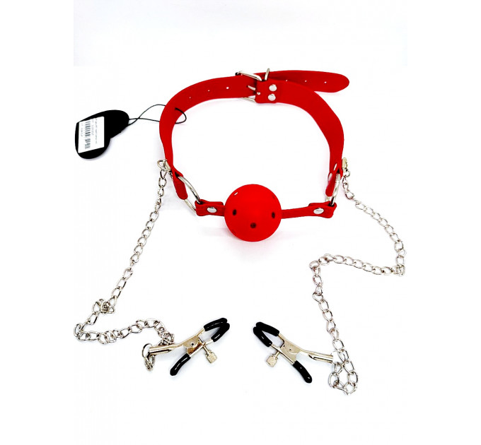 Кляп DS Fetish Ball gag with nipple clamps red