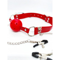 Кляп DS Fetish Ball gag with nipple clamps red