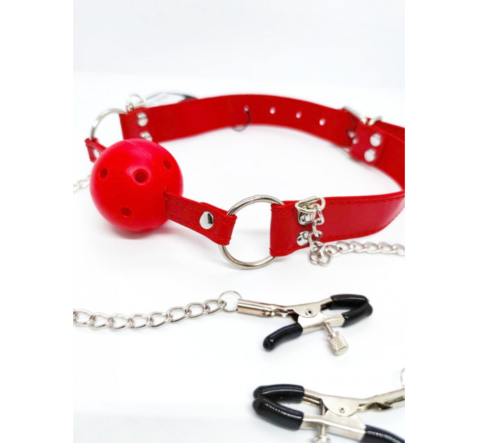 Кляп DS Fetish Ball gag with nipple clamps red