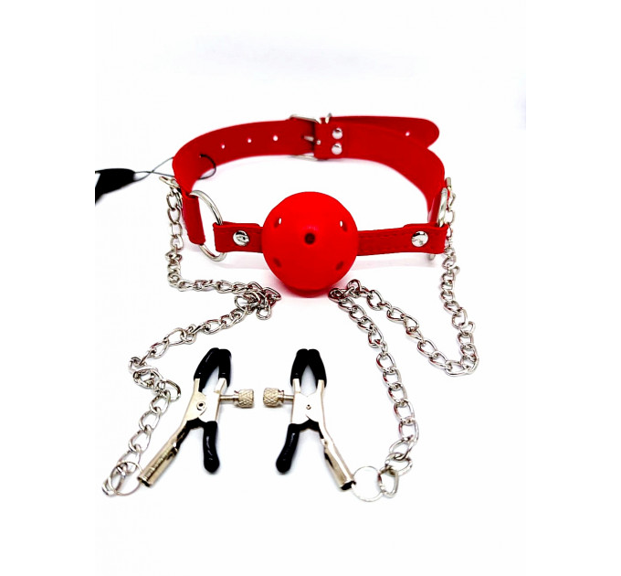 Кляп DS Fetish Ball gag with nipple clamps red