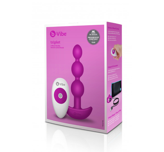 Анальные шарики с пультом, 2 мотора B-Vibe TRIPLET ANAL BEADS, фуксия