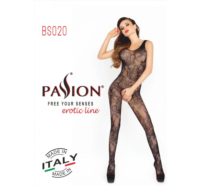 Комбинезон с узором и открытым доступом, черный BS020 Open Crotch Catsuit Black Mesh Passion S/L
