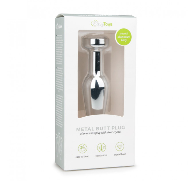ET145CLR Анальная пробка Easytoys с белым кристаллом, серебряная, 11.4 х 2.8 см