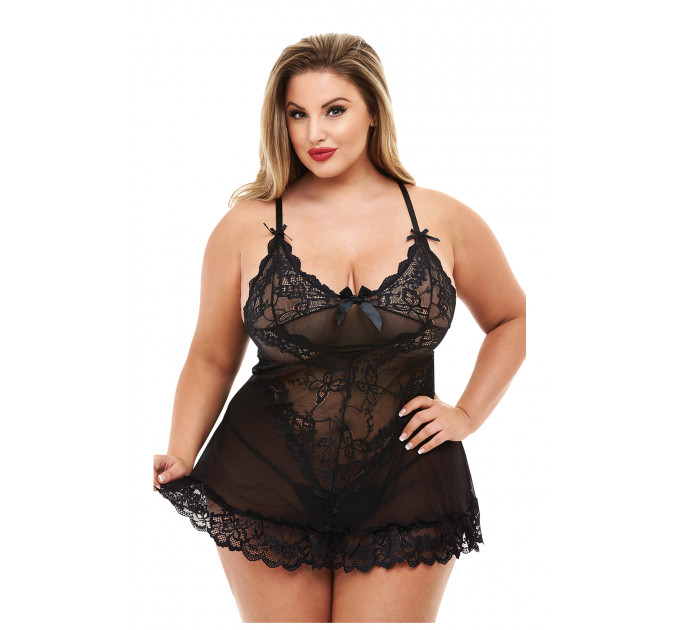 Пеньюар BACI Mini Lace Chemise кружевной, полупрозрачный, черный, XL
