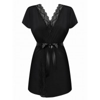 Халат атласний Obsessive 810-PEI-1 з мереживом, чорний, L/XL