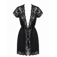 Халат атласний Obsessive 810-PEI-1 з мереживом, чорний, L/XL