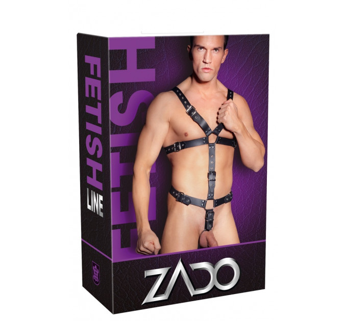 Портупея шкіряна чоловіча ZADO FETISH з декоративними сполучними кільцями, чорна, S-L