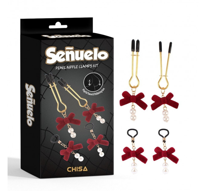 Зажимы на соски CHISA Senuelo Pearl Nipple Clamps Kit с красными бантиками и бусинами