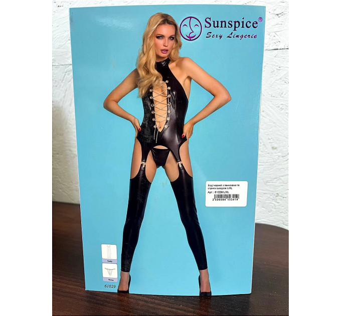 Комбінезон чорний з панчохами Sunspice та стрінги в комплекті, L/XL