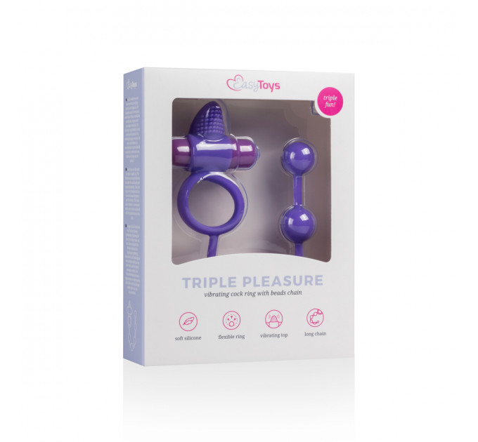 Ерекційне кільце Triple Pleasure з анальним ланцюжком, фіолетове