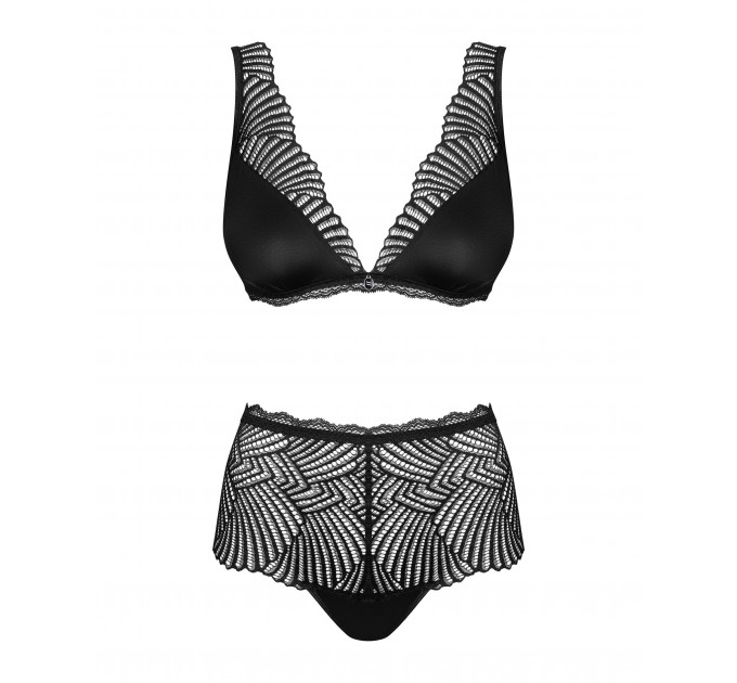 Комплект кружевной Obsessive Klarita лиф и трусики с высокой посадкой, черный, L/XL