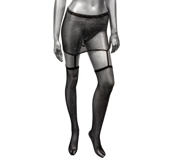 Пояс-юбка с чулками в сетку со стразами Calexotics Garter Skirt Thigh Highs, черный