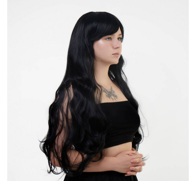 Парик длинный волнистый с челкой Fetish Hair черный, 80 см