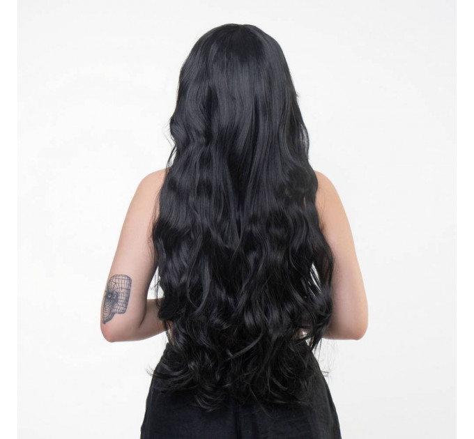 Парик длинный волнистый с челкой Fetish Hair черный, 80 см
