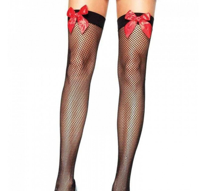 Чулки в сеточку с красным бантом Leg Avenue Fishnet Thigh Highs With Bow O/S