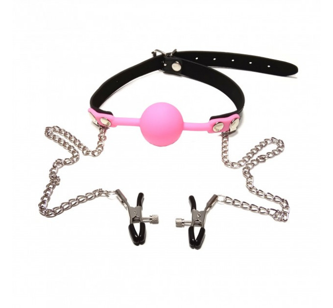 Кляп с зажимами на соски DS Fetish Locking gag with nipple clamps black/pink