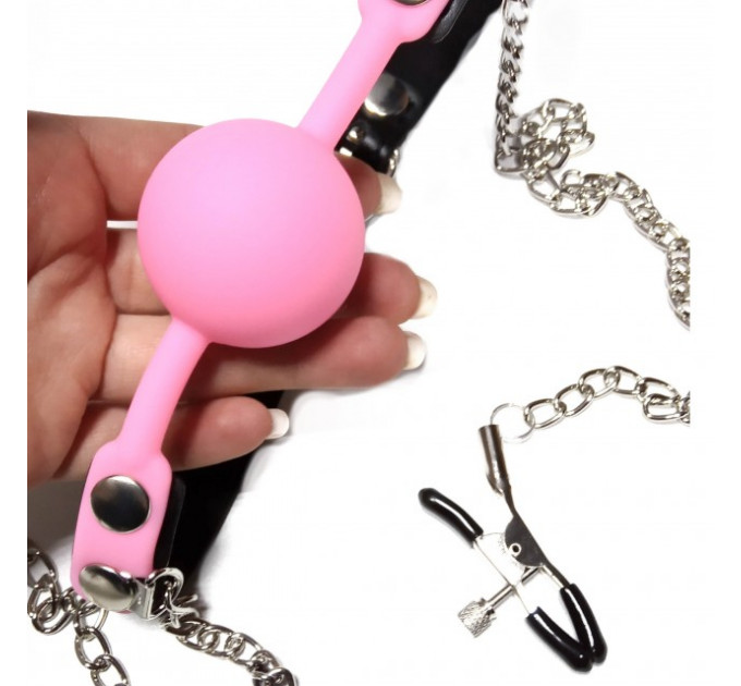 Кляп с зажимами на соски DS Fetish Locking gag with nipple clamps black/pink