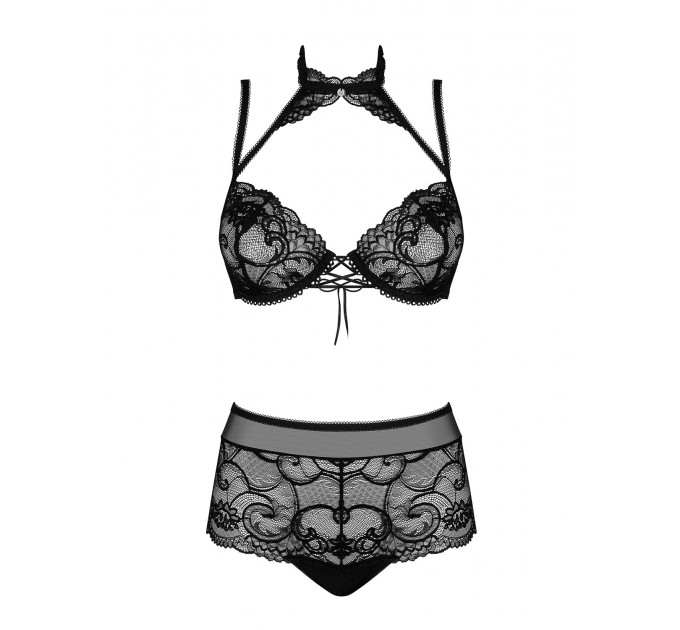 Комплект кружевной Obsessive Elizenes с чокером, черный, L/XL