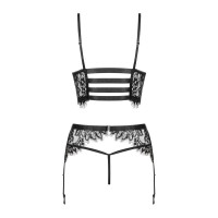 Комплект мереживний Obsessive Lashy з трьох частин, чорний, L/XL
