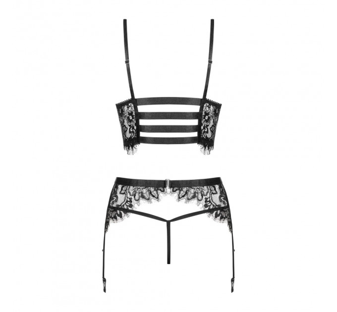 Комплект кружевной Obsessive Lashy из трех частей, черный, L/XL
