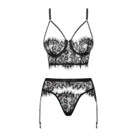 Комплект мереживний Obsessive Lashy з трьох частин, чорний, L/XL