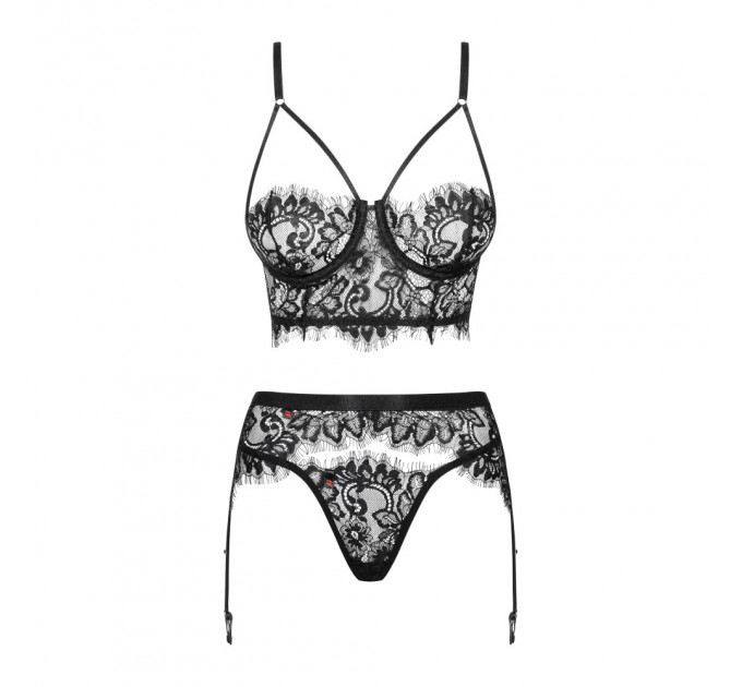 Комплект кружевной Obsessive Lashy из трех частей, черный, L/XL
