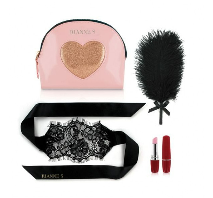 Набор в сумочке вибратор-помадка, перышко и маска Rianne S Essentials Kit d'Amour Roze/Goud