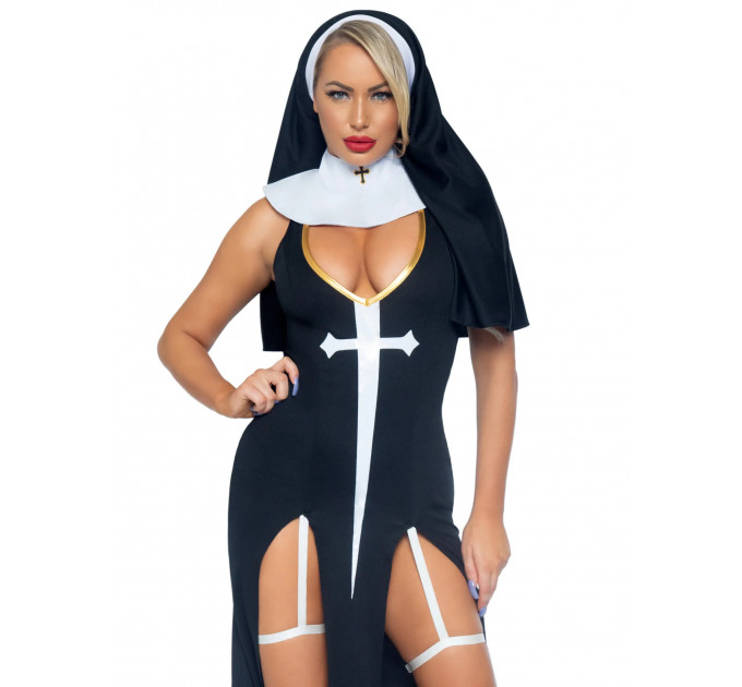 Костюм черниці Leg Avenue, М, Sultry Sinner 3 предмети, чорний з білим
