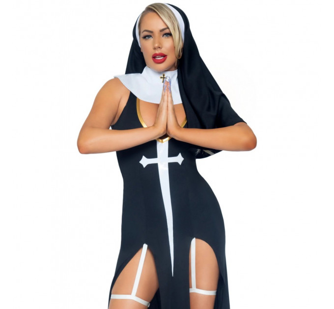 Костюм черниці Leg Avenue, М, Sultry Sinner 3 предмети, чорний з білим