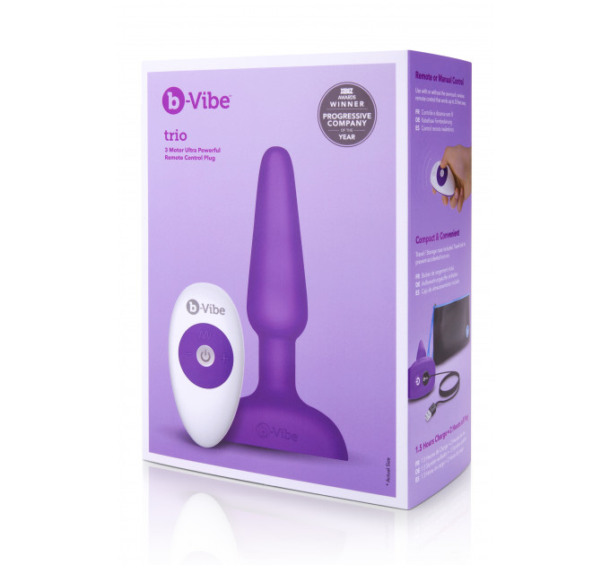 Анальна пробка з вібрацією та пультом, три мотори B-Vibe - Trio, фіолетова