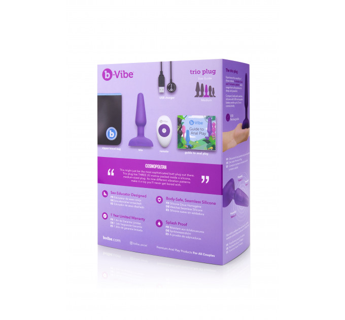 Анальна пробка з вібрацією та пультом, три мотори B-Vibe - Trio, фіолетова