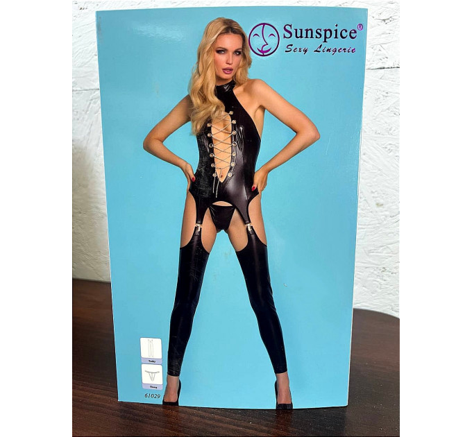 Комбінезон чорний з панчохами Sunspice та стрінги в комплекті, S/M