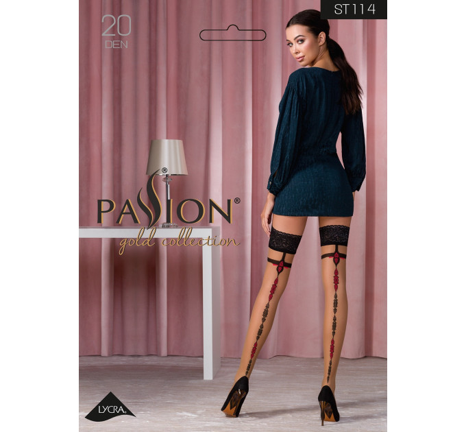 Чулки ST114 бежевые с черно-красным узором, 3/4 (20 den) - Passion