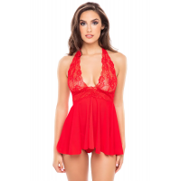ПЕНЮАР 2PC LACE & MESH HALTER BABYDOLL & G-STRING SET RED, S