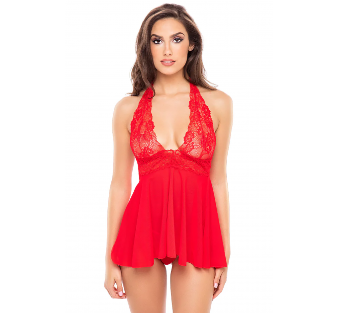 ПЕНЬЮАР 2PC LACE & MESH HALTER BABYDOLL & G-STRING SET RED, S
