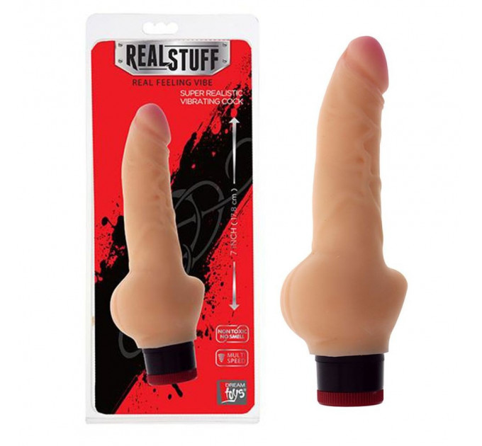 Вибромассажер реалистик Dream toys RealStuff с мошонкой 17,8 см, телесный