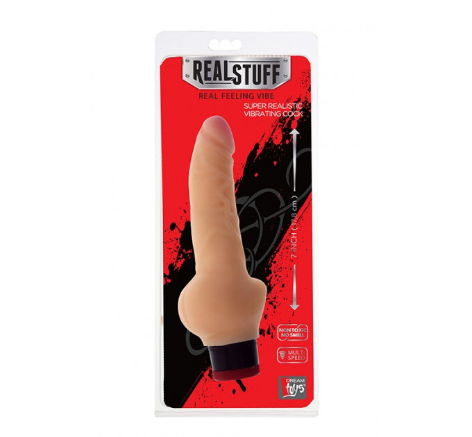 Вибромассажер реалистик Dream toys RealStuff с мошонкой 17,8 см, телесный