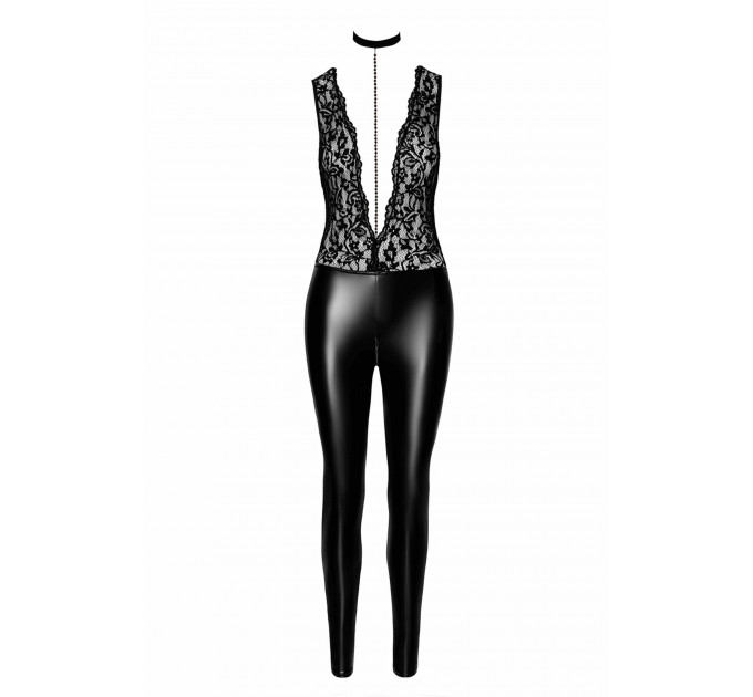 Комбинезон виниловый Libido F298 Noir Handmade, с кружевом, черный, размер M