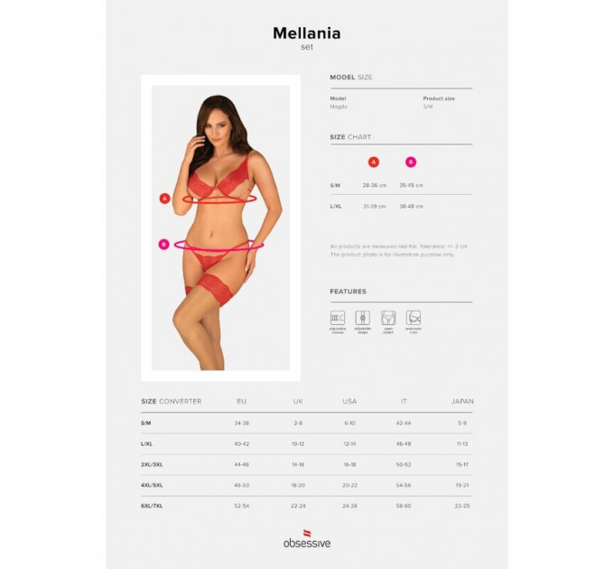 Комплект белья кружевной с декоративными лямками Obsessive Mellania красный, L/XL