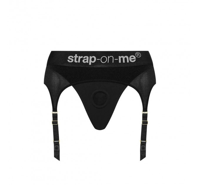 Трусики для страпону, L, з підв'язками для панчох Strap-On-Me чорні