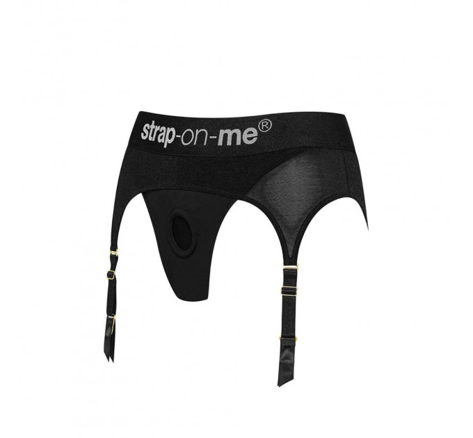 Трусики для страпону, L, з підв'язками для панчох Strap-On-Me чорні