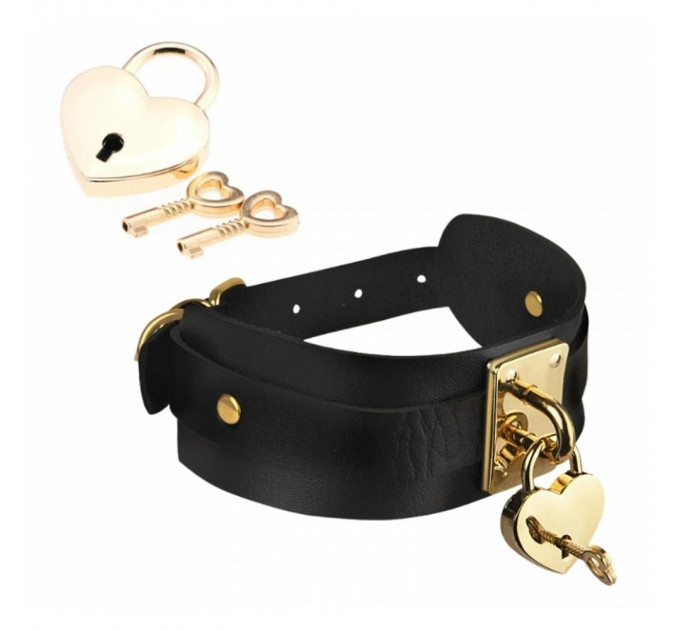 Ошейник широкий черный Kinky Diva Collar Me! с золотистым замочком и ключиком