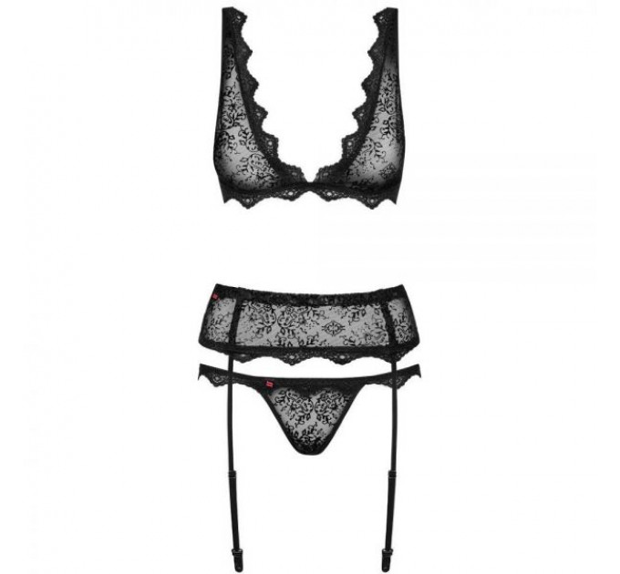 Комплект кружевной Obsessive Emperita, бюстье, трусики и пояс для чулок, черный, L/XL