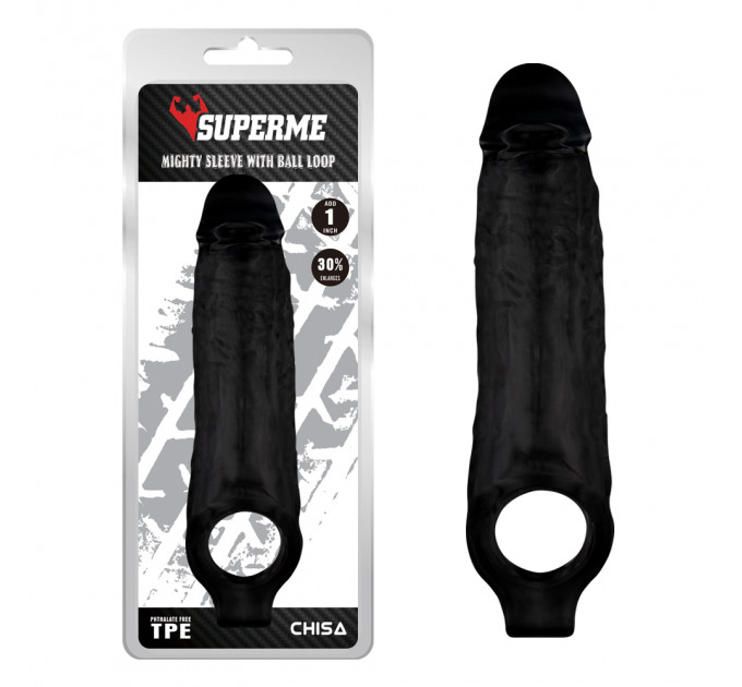 Насадка на член Chisa SuperMe Mighty Sleeve With Ball Loop з кільцем на мошонку, чорна