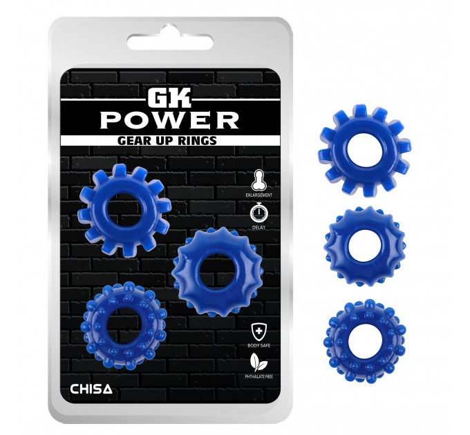 Набір ерекційних кілець Chisa GK Power Cock Rings із рельєфом, сині, 3 шт.