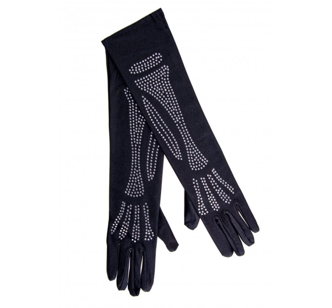 Рукавички зі стразами Skeleton Bone Elbow Length Gloves від Rhinestone Leg Avenue, чорні O\S