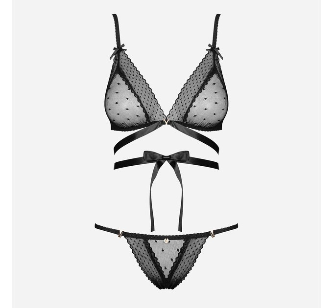 Комплект полупрозрачный Obsessive Bowessa в горошек, черный, L/XL