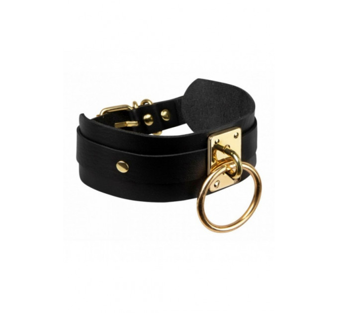 Ошейник широкий черный Kinky Diva Collar Me с золотистым кольцом