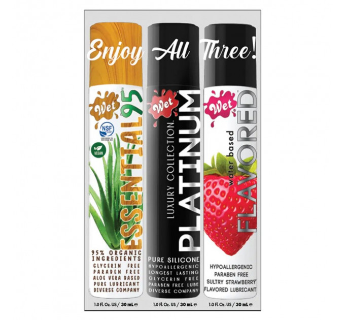 Набор лубрикантов Wet Sampler Lubricant (Platinum, Essential95, Flavored Strawberry) 3 шт. по 30 мл